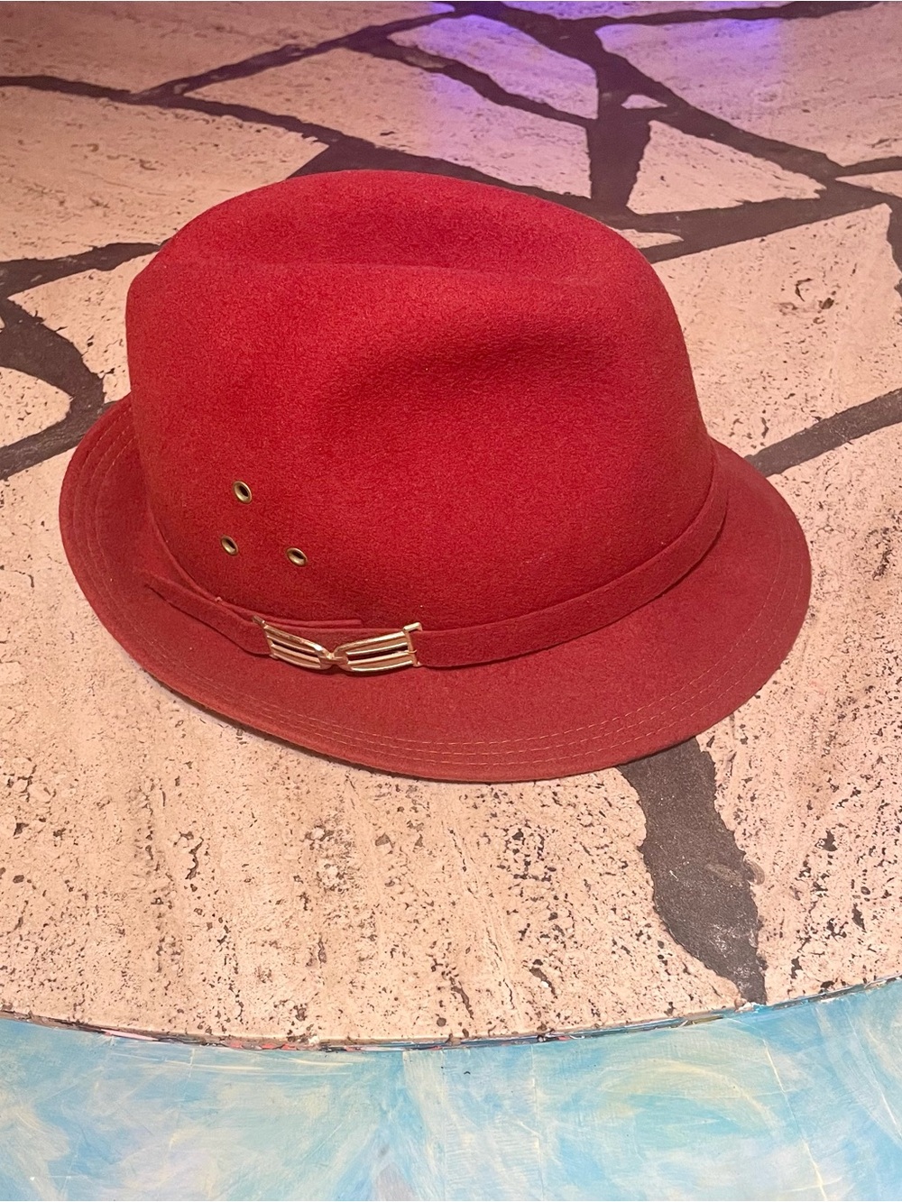 Vintage Red Brick Fedora Hat with Decorative Band